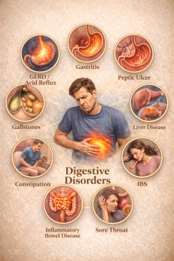 digestive disorders illustration showing acidity,gastritis, GERD constipation